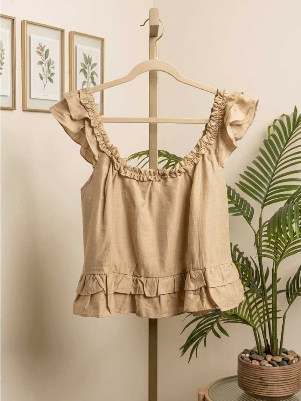 Ruffled Square Neck Tank in Beige